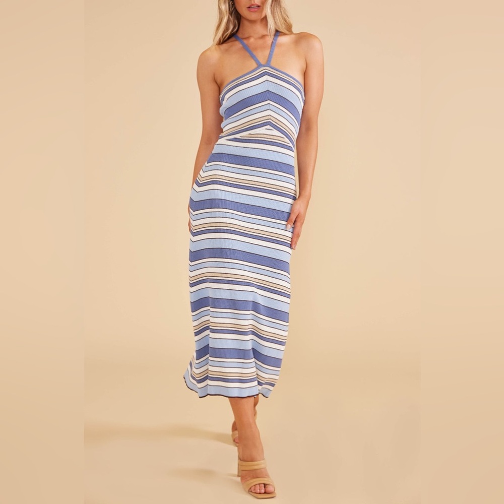 MINKPINK Bianca Stripe Knit Dress Blue White and Tan size XS